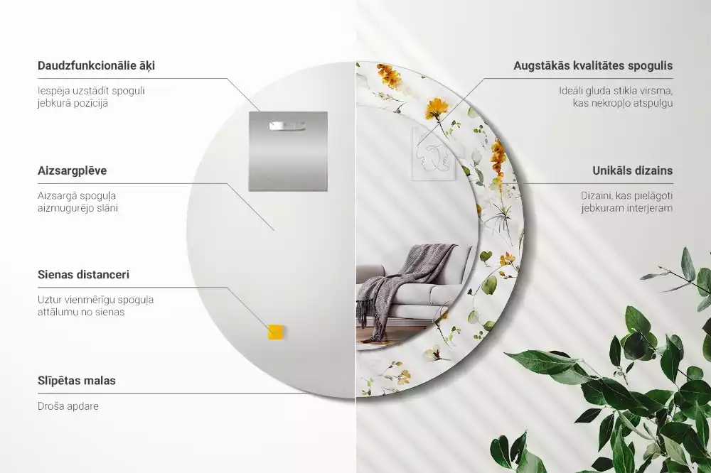 Oglindă rotundă ramă cu imprimeu Flori de câmp