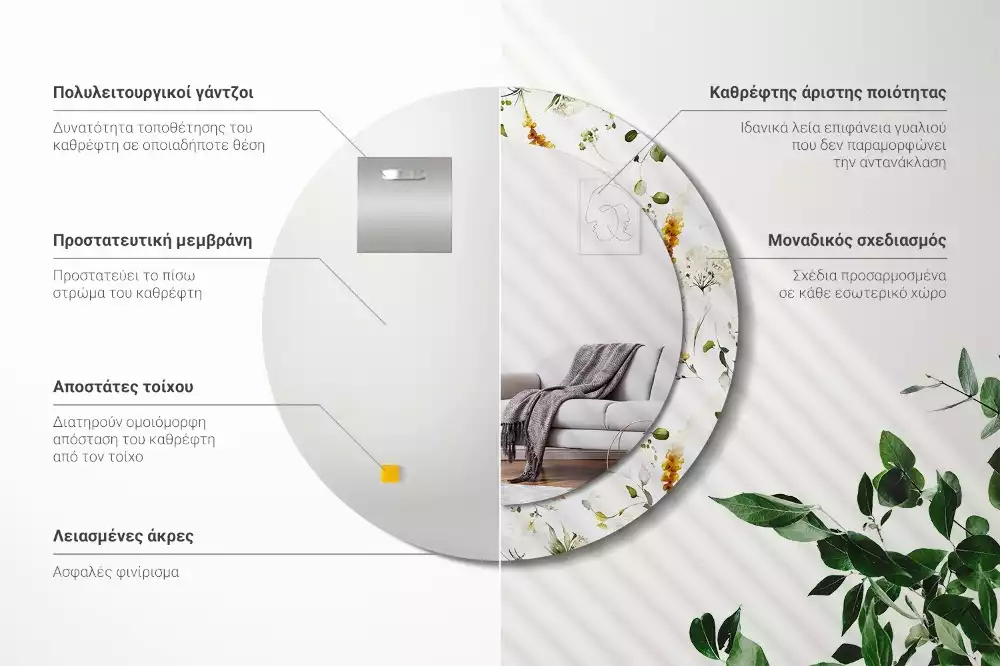 Oglindă rotundă ramă cu imprimeu Flori de câmp