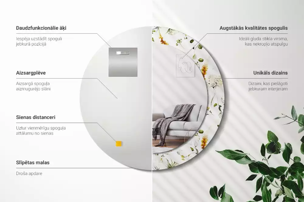 Oglindă rotundă ramă cu imprimeu Flori de câmp