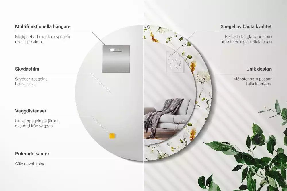 Oglindă rotundă ramă cu imprimeu Flori de câmp