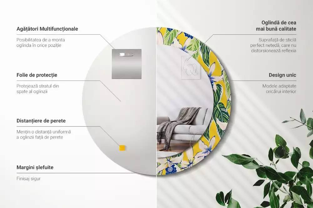 Oglindă rotundă imprimată Orhidee