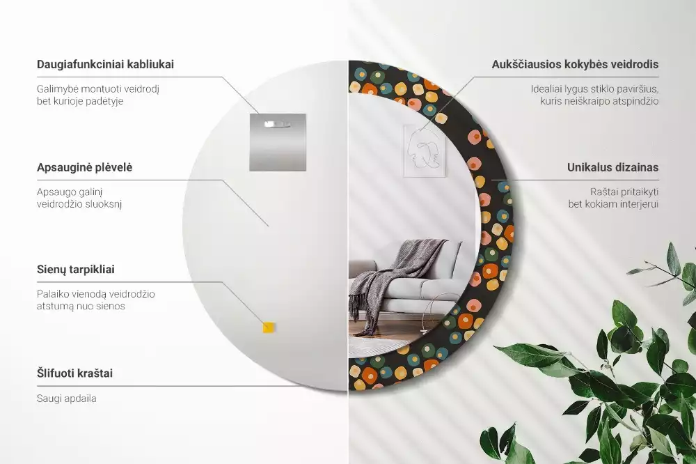 Oglindă rotundă imprimată Puncte florale