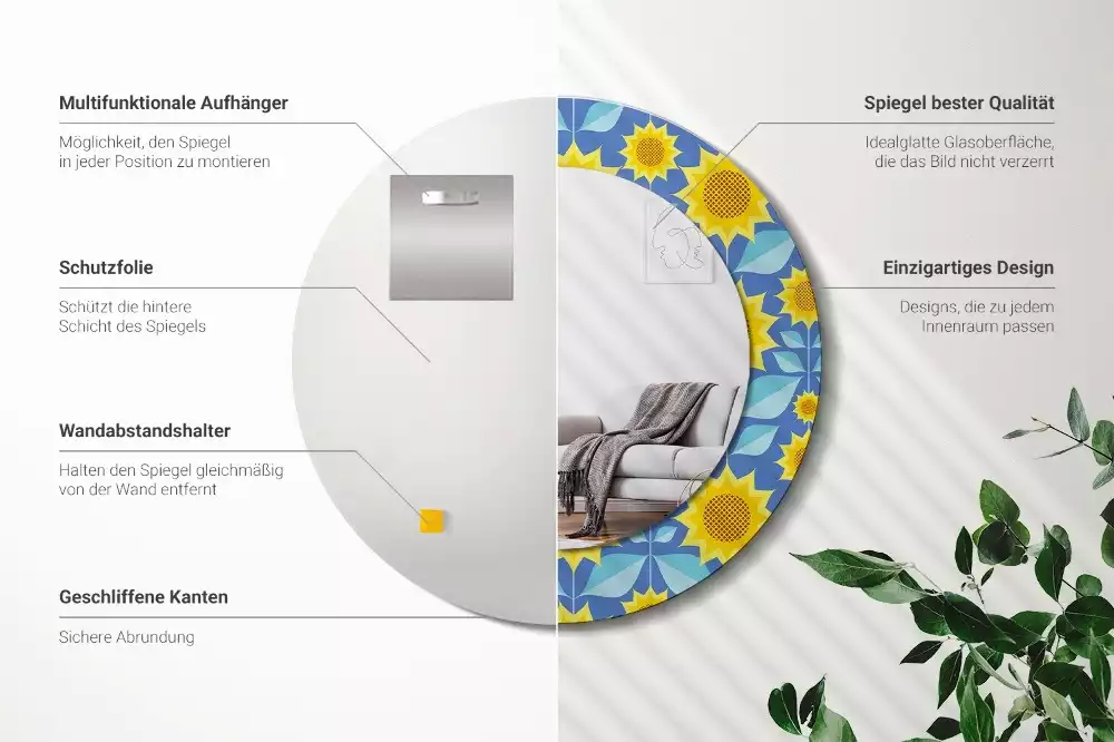 Oglindă cu decor rotundă Floarea-soarelui geometrică