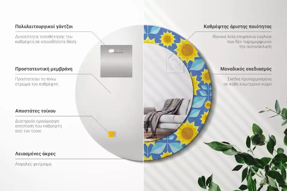 Oglindă cu decor rotundă Floarea-soarelui geometrică