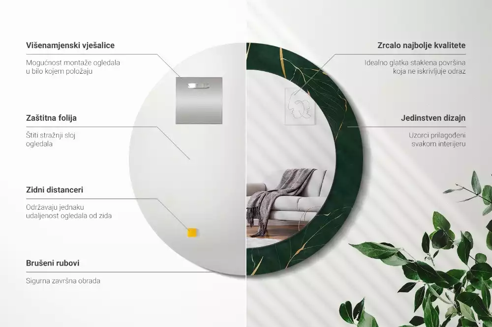 Oglindă rotundă imprimată Contur de frunze