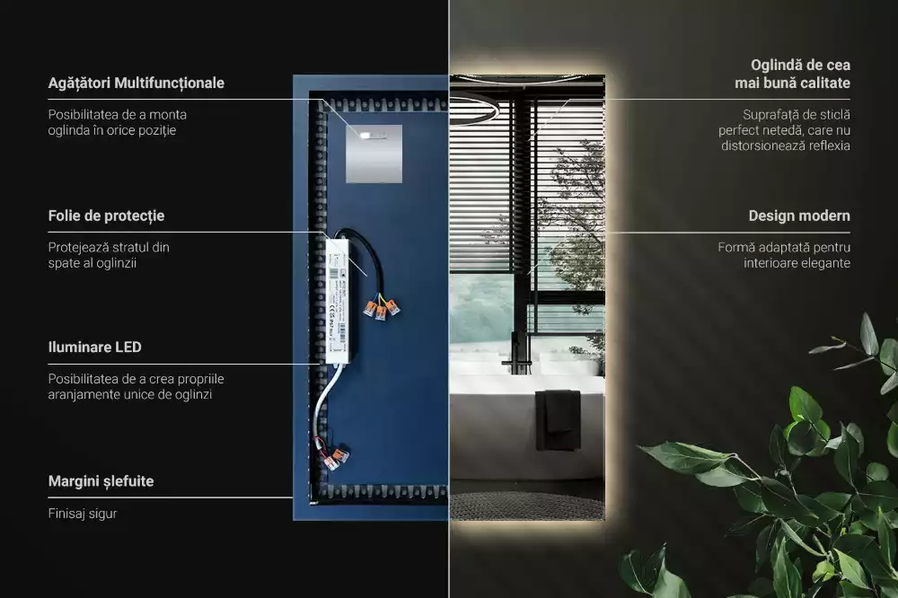 Oglindă dreptunghiulară cu iluminare de fundal LED