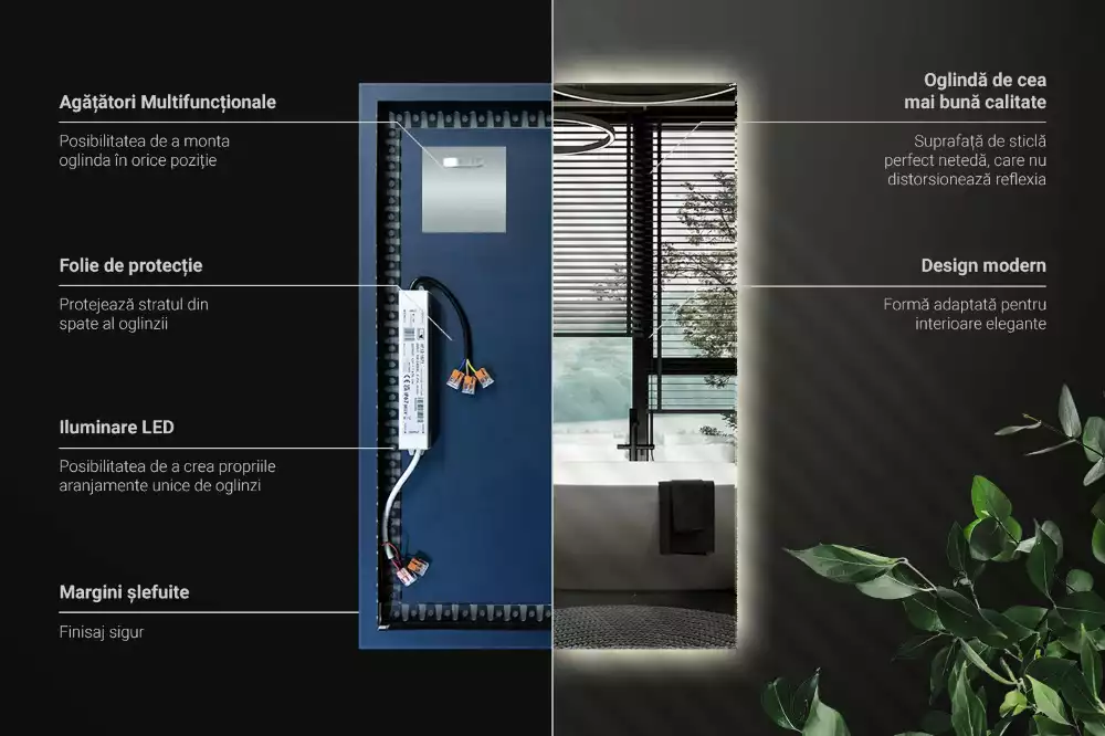 Oglindă dreptunghiulară cu iluminare de fundal LED