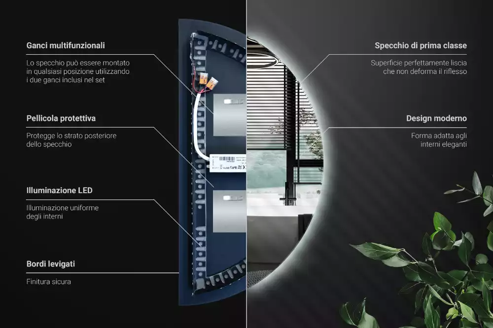 Oglindă semicirculară cu LED accesoriu stilat