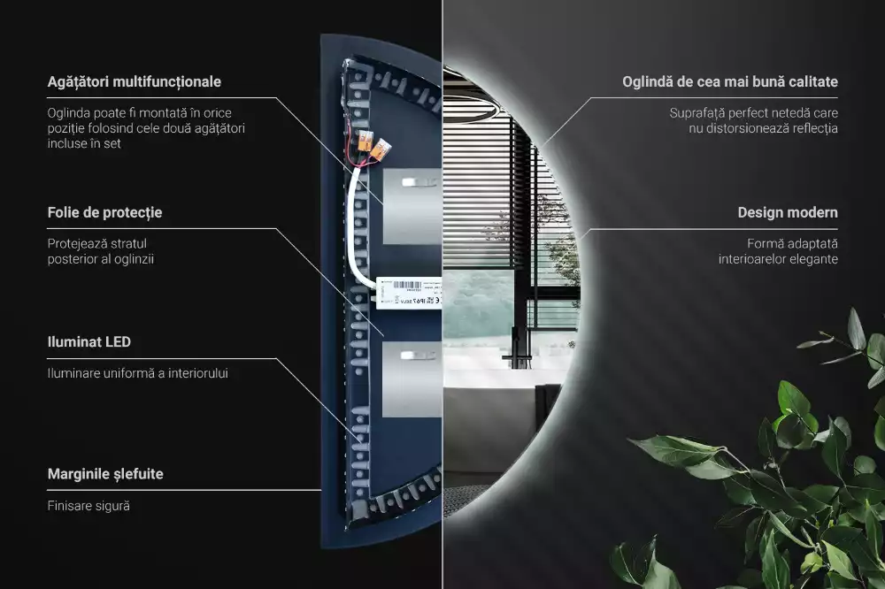 Oglindă semicirculară cu LED accesoriu stilat