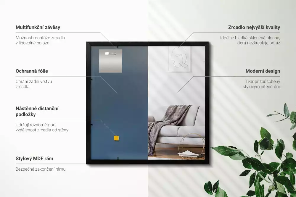 Oglindă dreptunghiulară perete cu cadru negru