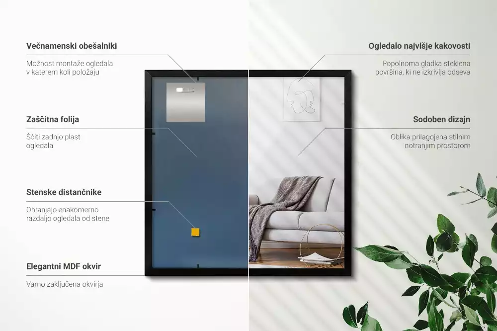 Oglindă dreptunghiulară perete cu cadru negru