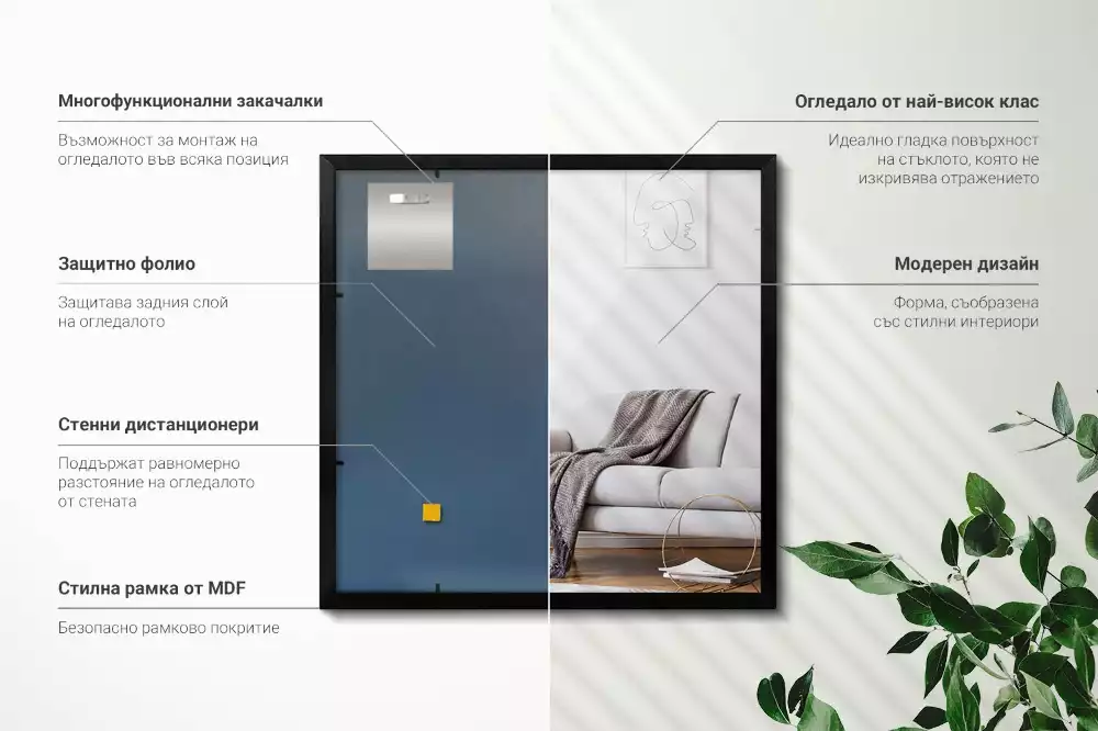 Oglindă dreptunghiulară perete cu cadru negru