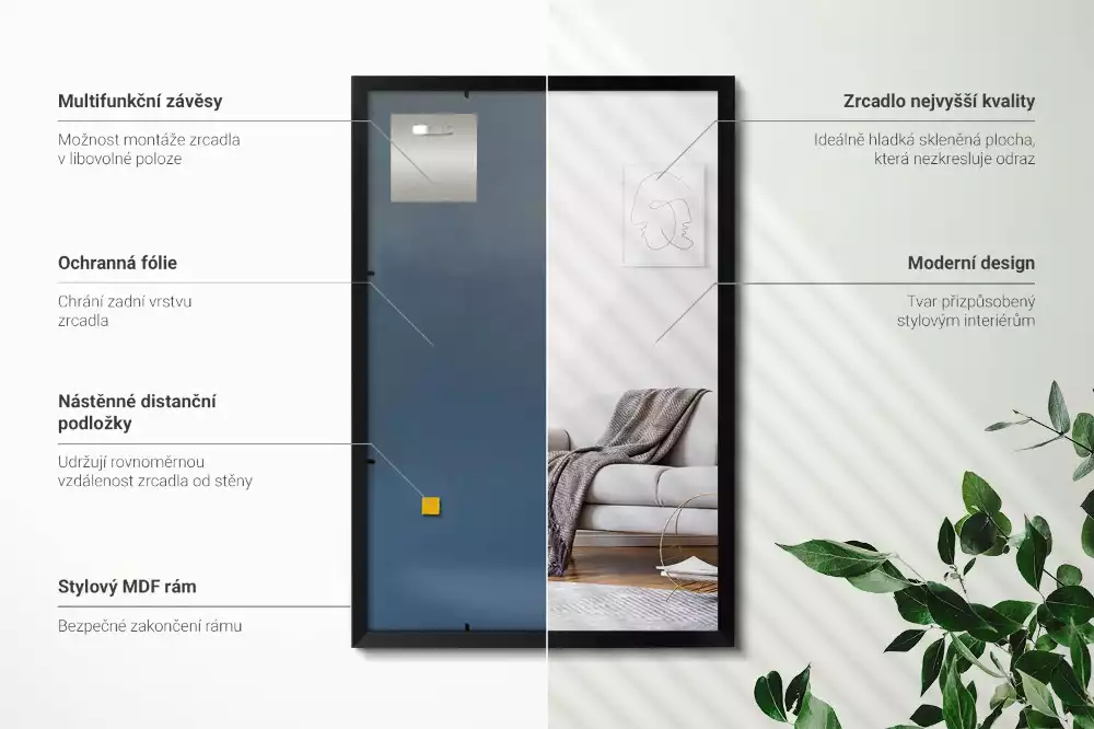 Oglindă dreptunghiulară perete cu cadru negru