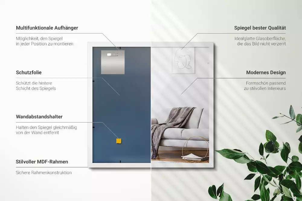 Oglindă dreptunghiulară decorativă cu ramă albă