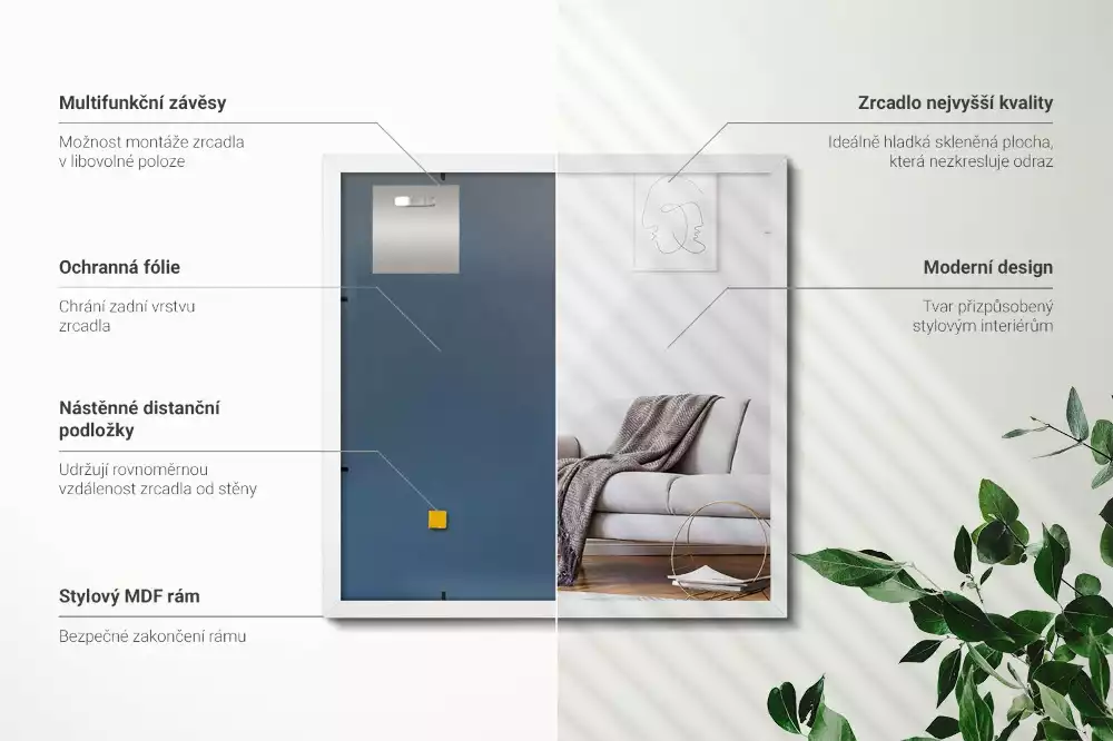 Oglindă dreptunghiulară decorativă cu ramă albă