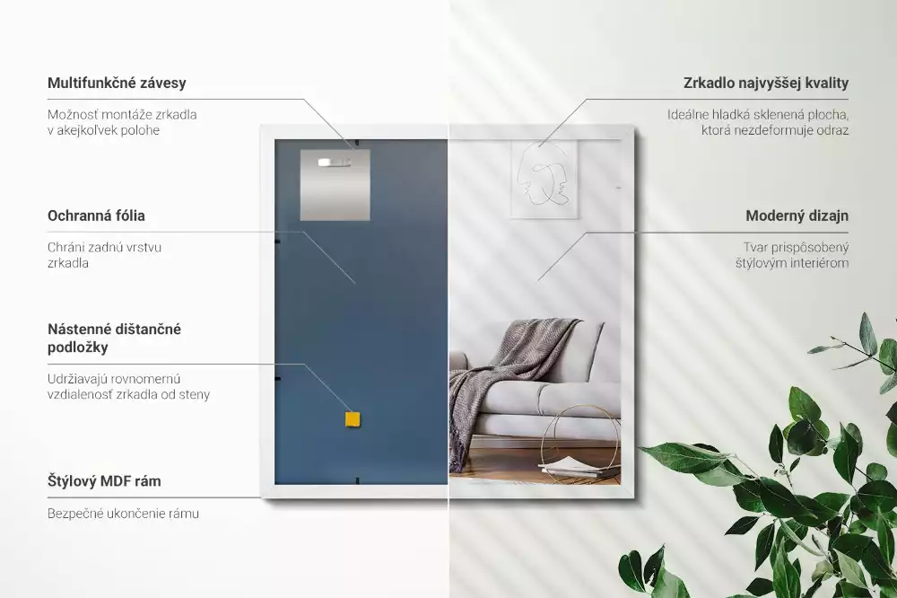 Oglindă dreptunghiulară decorativă cu ramă albă