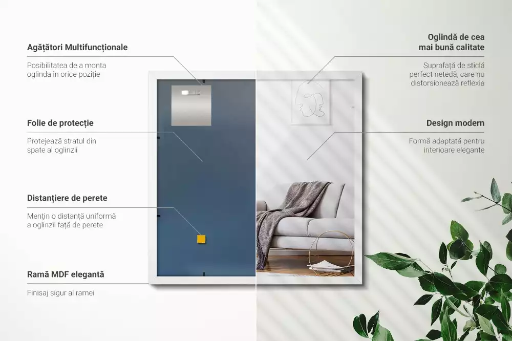 Oglindă dreptunghiulară decorativă cu ramă albă