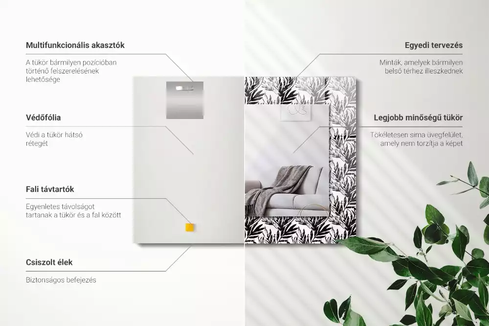 Oglindă imprimată Frunze alb-negru