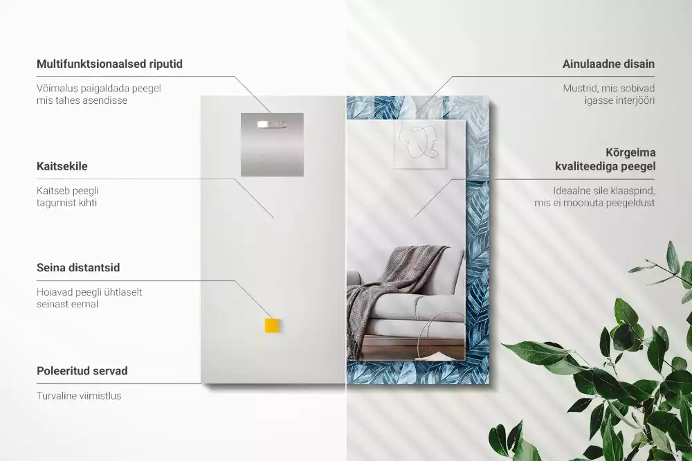 Decorațiuni perete cu oglindă Model frunze albastre