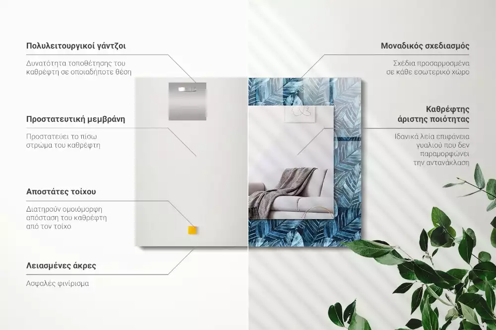 Decorațiuni perete cu oglindă Model frunze albastre