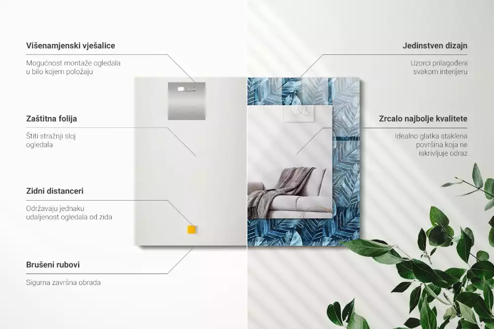 Decorațiuni perete cu oglindă Model frunze albastre