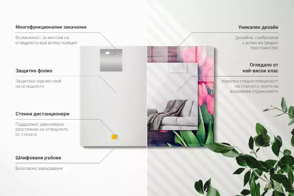 Oglindă imprimată Lalele roz lemn