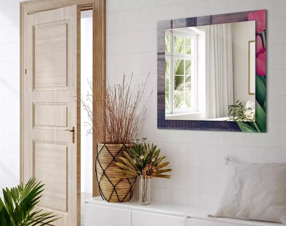 Oglindă imprimată Lalele roz lemn