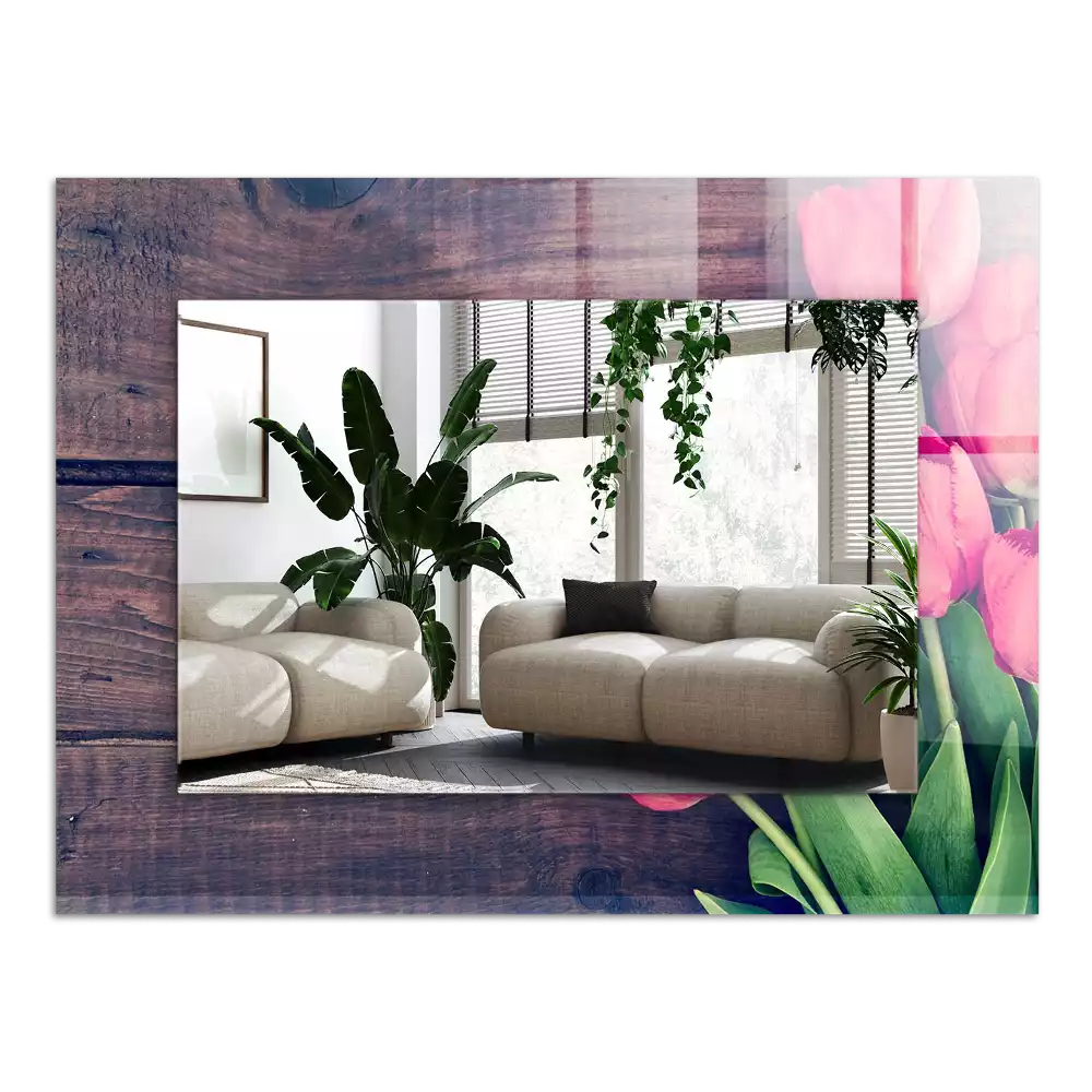 Oglindă imprimată Lalele roz lemn