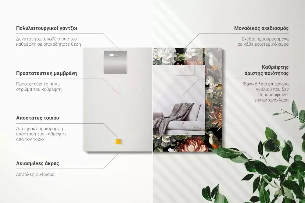 Oglindă imprimată Flori și păsări