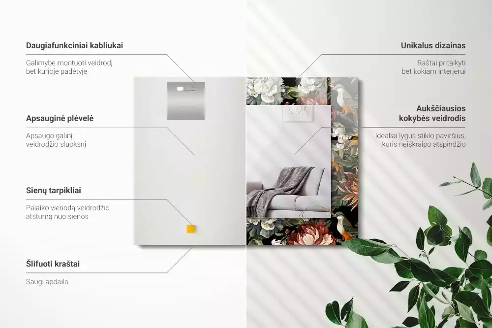 Oglindă imprimată Flori și păsări