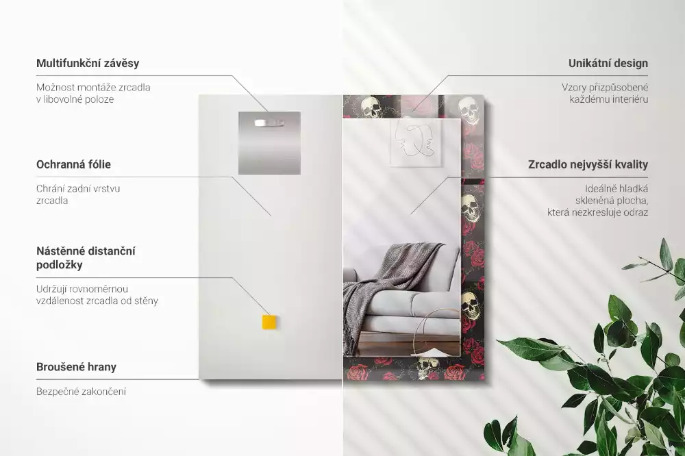 Decorațiuni perete cu oglindă Cranii trandafiri spini