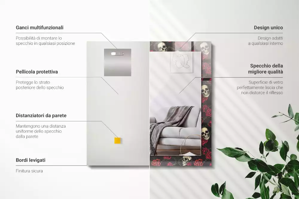 Decorațiuni perete cu oglindă Cranii trandafiri spini