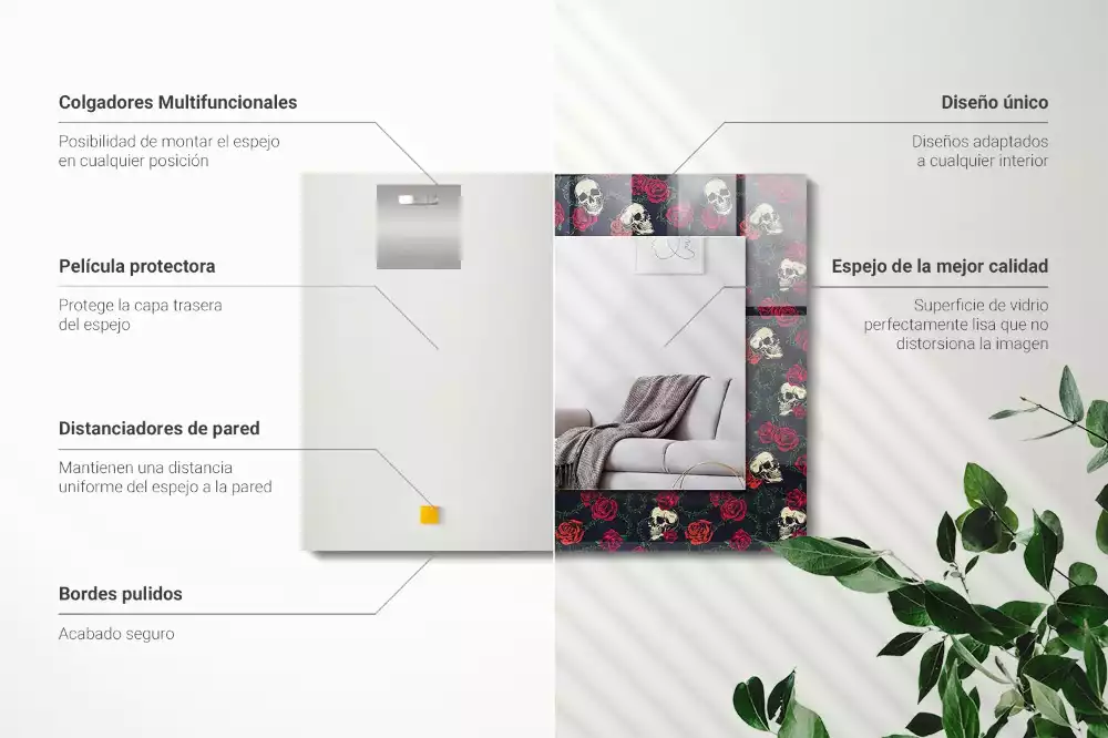 Decorațiuni perete cu oglindă Cranii trandafiri spini