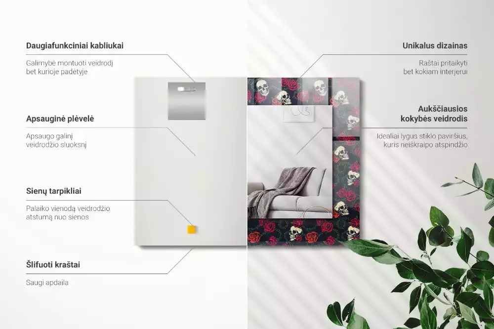 Decorațiuni perete cu oglindă Cranii trandafiri spini