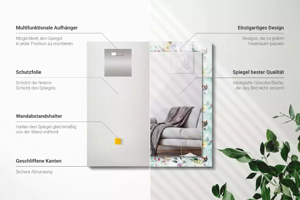 Oglindă imprimată Floral și păsări