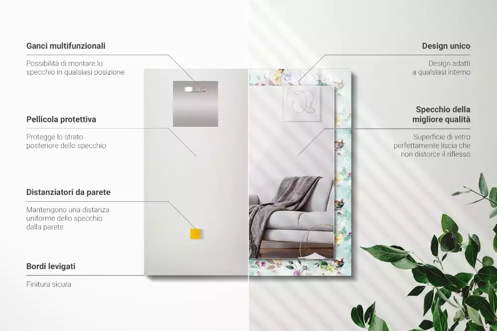 Oglindă imprimată Floral și păsări