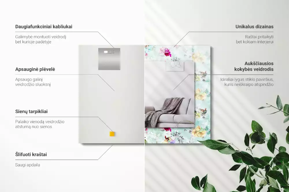 Oglindă imprimată Floral și păsări