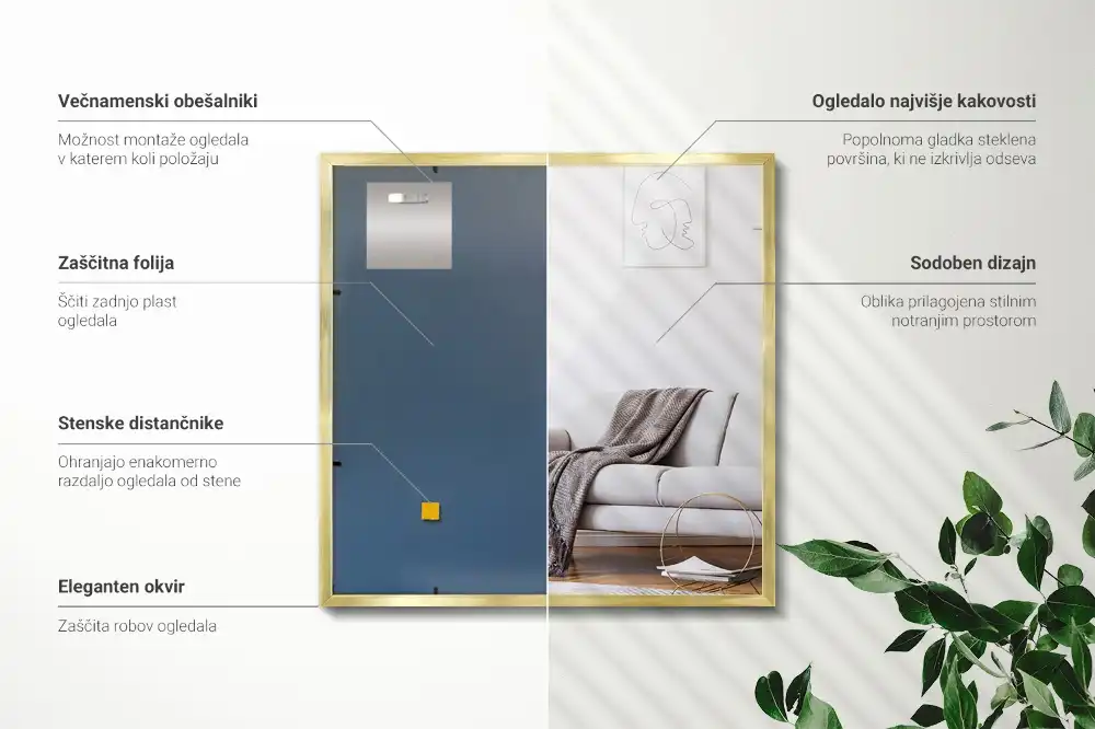 Oglinda dreptunghiulară cu ramă aurie de perete